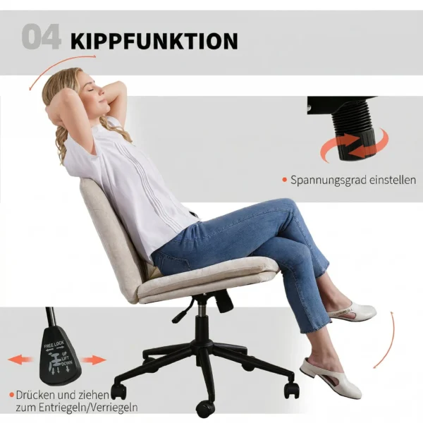 Thuiswerkstoel Bureaustoel Met Linnenlook, In Hoogte Verstelbaar, Kleermakersstoel Draaistoel Met Kantelfunctie, Beige