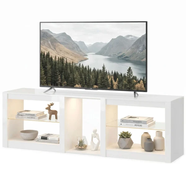 TV Lowboard Met RGB LED verlichting, Modern TV meubel Met Verstelbare Glazen Planken, Voor Televisies Tot 75 Inch, Wit
