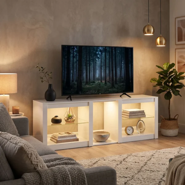TV Lowboard Met RGB LED verlichting, Modern TV meubel Met Verstelbare Glazen Planken, Voor Televisies Tot 75 Inch, Wit