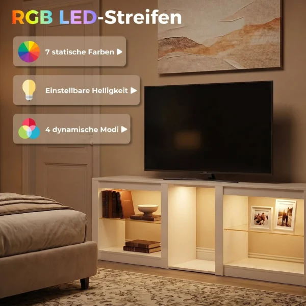 TV Lowboard Met RGB LED verlichting, Modern TV meubel Met Verstelbare Glazen Planken, Voor Televisies Tot 75 Inch, Wit