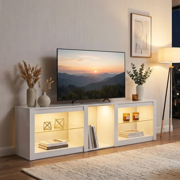 TV Lowboard Met RGB LED verlichting, Modern TV meubel Met Verstelbare Glazen Planken, Voor Televisies Tot 75 Inch, Wit