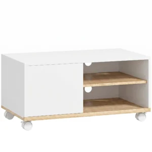 TV meubel Op Wielen Met Remmen, TV meubel Met Kast En Verstelbare Plank, Wit En Eiken