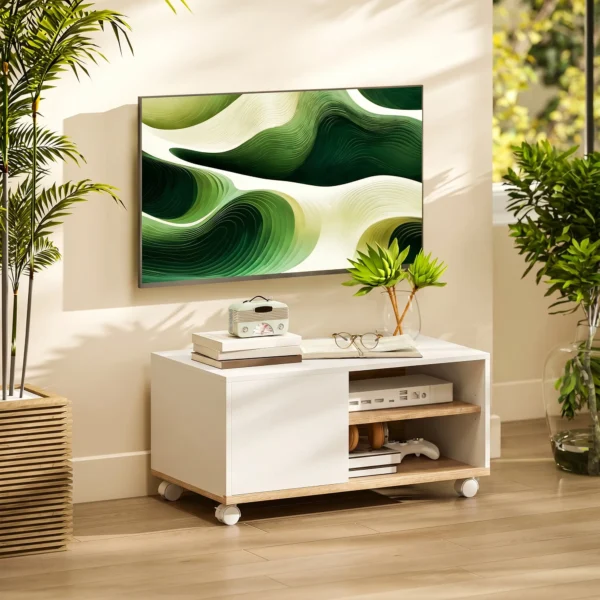 TV meubel Op Wielen Met Remmen, TV meubel Met Kast En Verstelbare Plank, Wit En Eiken