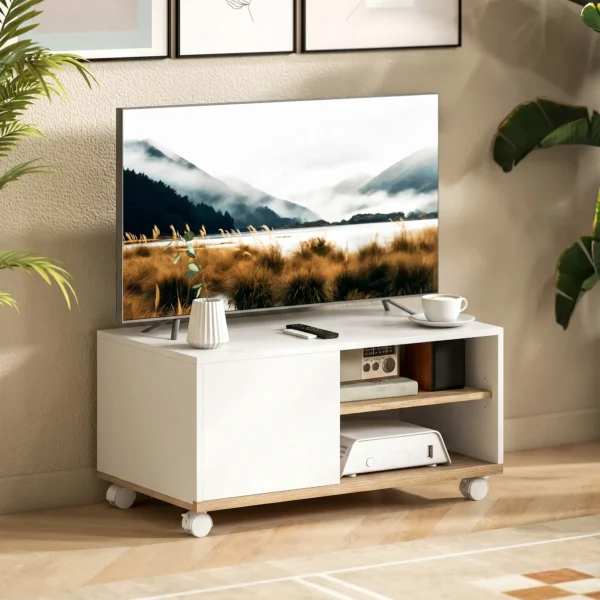 TV meubel Op Wielen Met Remmen, TV meubel Met Kast En Verstelbare Plank, Wit En Eiken