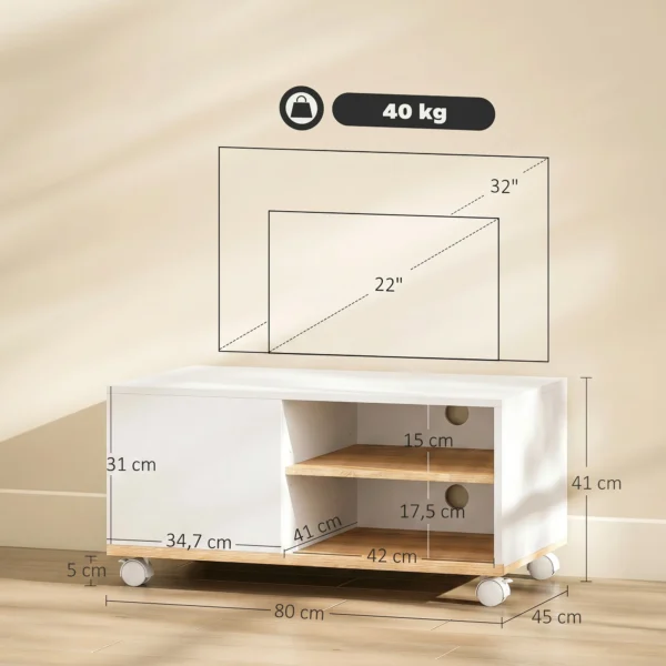 TV meubel Op Wielen Met Remmen, TV meubel Met Kast En Verstelbare Plank, Wit En Eiken