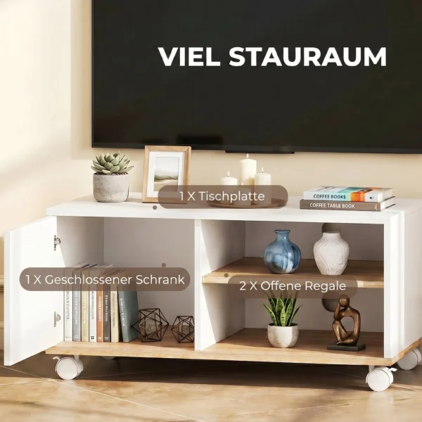 TV meubel Op Wielen Met Remmen, TV meubel Met Kast En Verstelbare Plank, Wit En Eiken