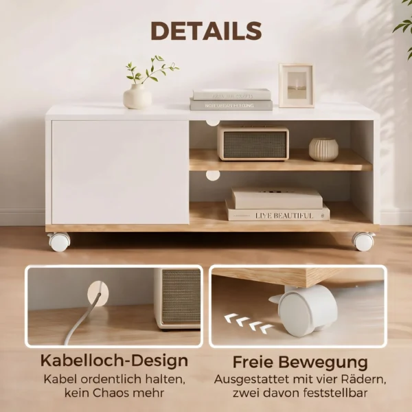 TV meubel Op Wielen Met Remmen, TV meubel Met Kast En Verstelbare Plank, Wit En Eiken