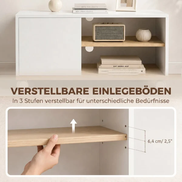 TV meubel Op Wielen Met Remmen, TV meubel Met Kast En Verstelbare Plank, Wit En Eiken