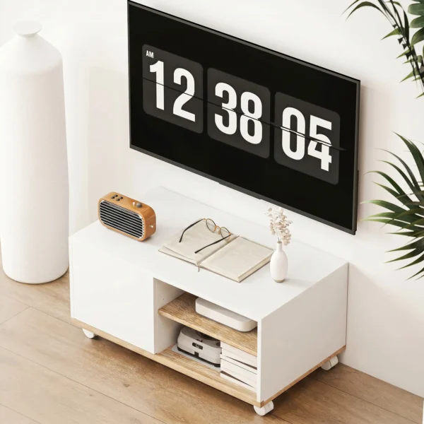 TV meubel Op Wielen Met Remmen, TV meubel Met Kast En Verstelbare Plank, Wit En Eiken