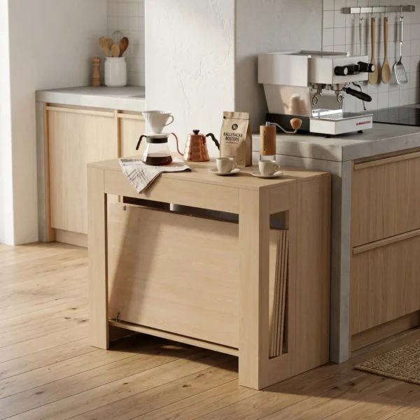 Uitschuifbare Eettafel Voor Kleine Ruimtes, Om Te Bouwen Tot Console, Zitplaatsen Voor 10 Personen, Lichtbruine Houtlook