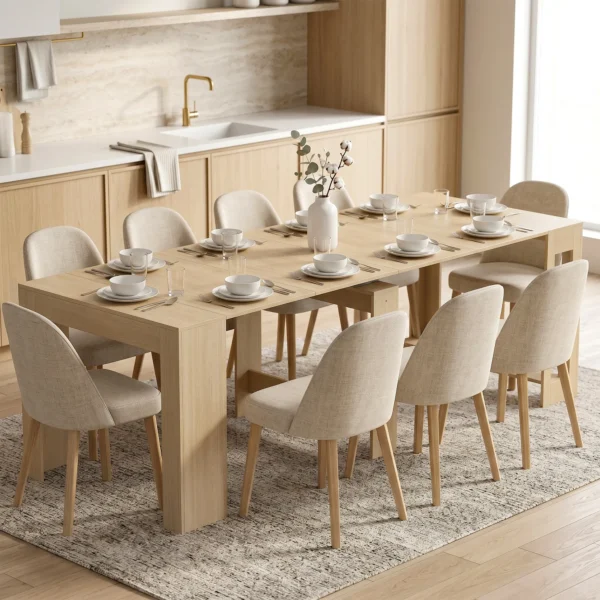 Uitschuifbare Eettafel Voor Kleine Ruimtes, Om Te Bouwen Tot Console, Zitplaatsen Voor 10 Personen, Lichtbruine Houtlook