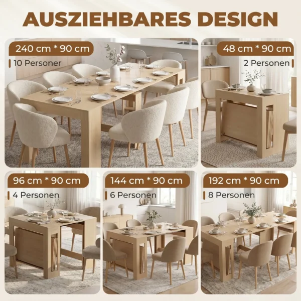 Uitschuifbare Eettafel Voor Kleine Ruimtes, Om Te Bouwen Tot Console, Zitplaatsen Voor 10 Personen, Lichtbruine Houtlook
