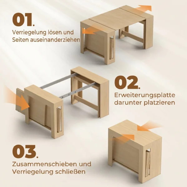 Uitschuifbare Eettafel Voor Kleine Ruimtes, Om Te Bouwen Tot Console, Zitplaatsen Voor 10 Personen, Lichtbruine Houtlook