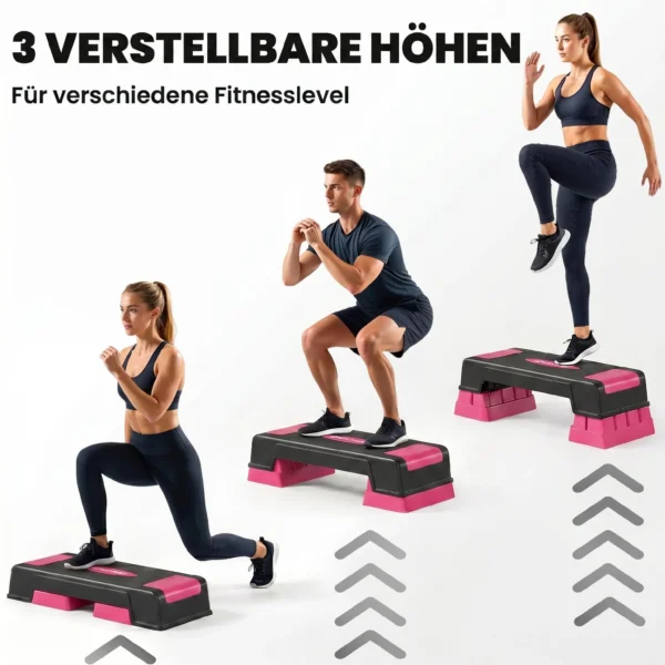 Verstelbaar Stepbord Fitness Aerobic Stepper Met 3 Niveaus (12/17,5/22,5 Cm), Anti slip Mat Zwart+Roze