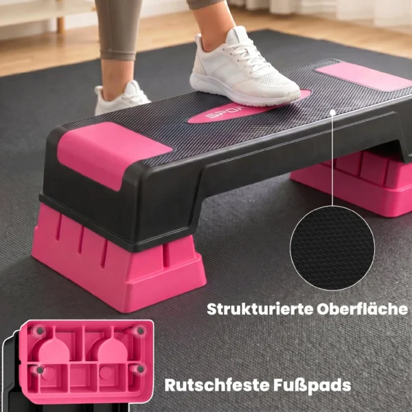 Verstelbaar Stepbord Fitness Aerobic Stepper Met 3 Niveaus (12/17,5/22,5 Cm), Anti slip Mat Zwart+Roze