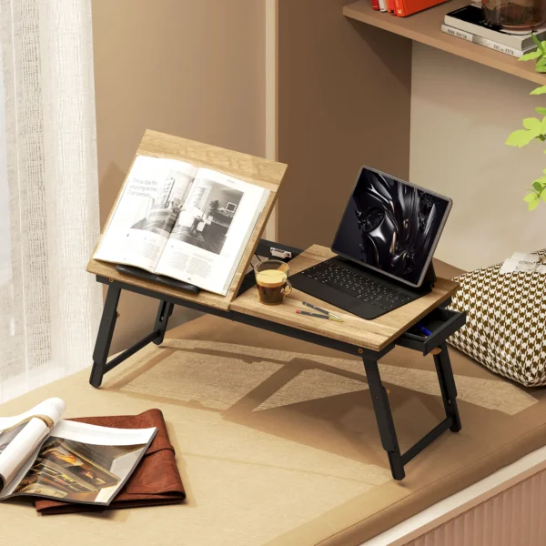 Verstelbare Bedtafel, Laptoptafel Met Lade, Opvouwbaar Voor Sofa Werken Bed, Eiken