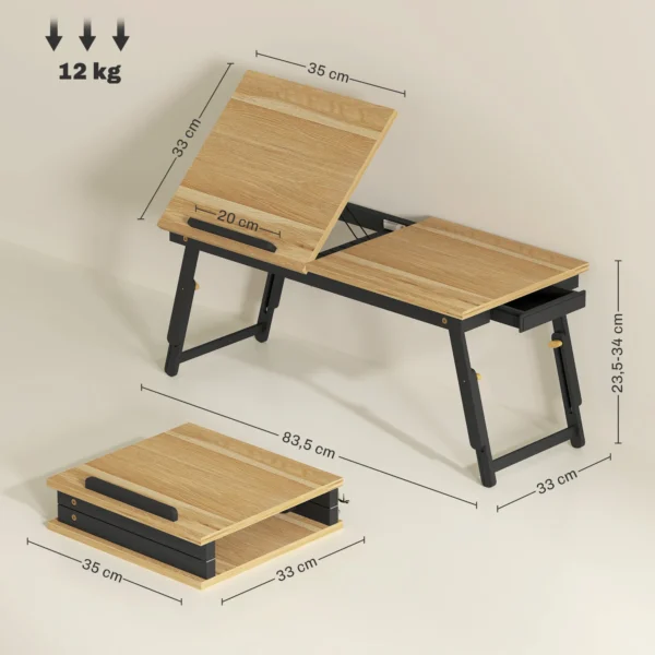 Verstelbare Bedtafel, Laptoptafel Met Lade, Opvouwbaar Voor Sofa Werken Bed, Eiken