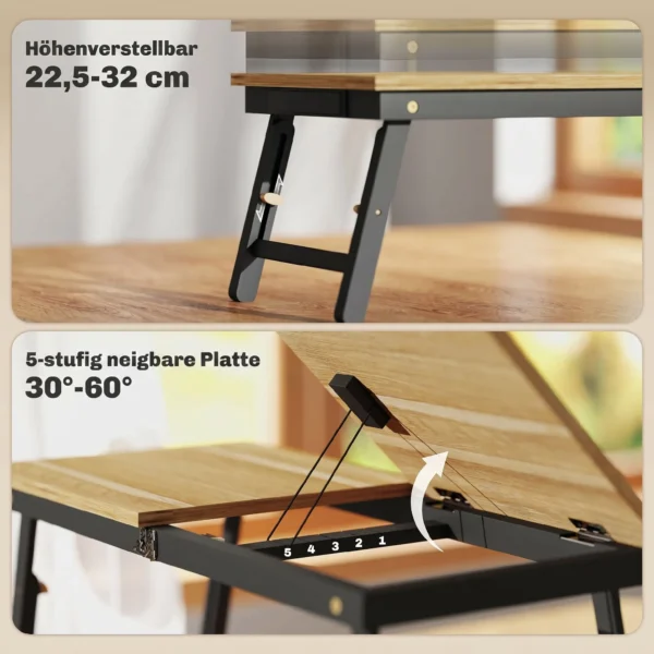 Verstelbare Bedtafel, Laptoptafel Met Lade, Opvouwbaar Voor Sofa Werken Bed, Eiken