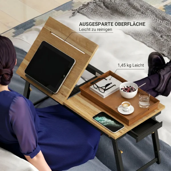 Verstelbare Bedtafel, Laptoptafel Met Lade, Opvouwbaar Voor Sofa Werken Bed, Eiken