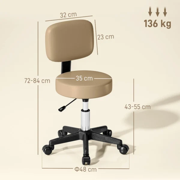 Verstelbare Rolkruk Met Rugleuning 72 84 Cm Hoog 360° Draaibaar Werkstoel Voor Kantoor Salon Lichtbruin