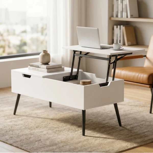 Verstelbare Salontafel Met Verborgen Opbergruimte Voor Woonkamer, 50 X 100 Cm, Wit