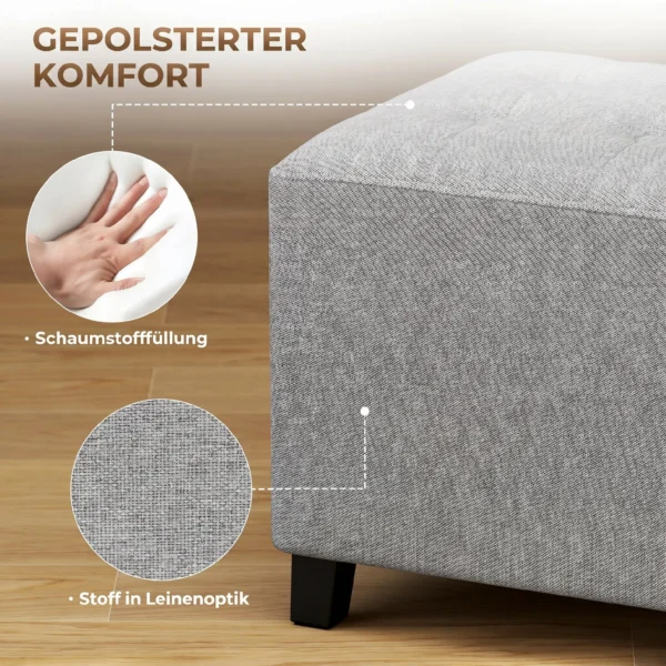 Vierkante Kruk, Kleine Poef Met Zijvak, Stoffen Voetensteun In Linnenlook Met Rubberboomhouten Poten, Lichtgrijs
