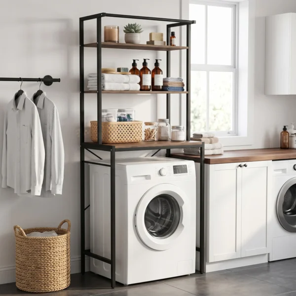 Wasmachinerek Badkamerrek Met Droogstang, 3 Niveaus Voor Badkamer, Wasruimte, 67 X 40 X 161,8 Cm, Bruin
