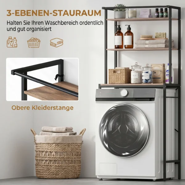 Wasmachinerek Badkamerrek Met Droogstang, 3 Niveaus Voor Badkamer, Wasruimte, 67 X 40 X 161,8 Cm, Bruin