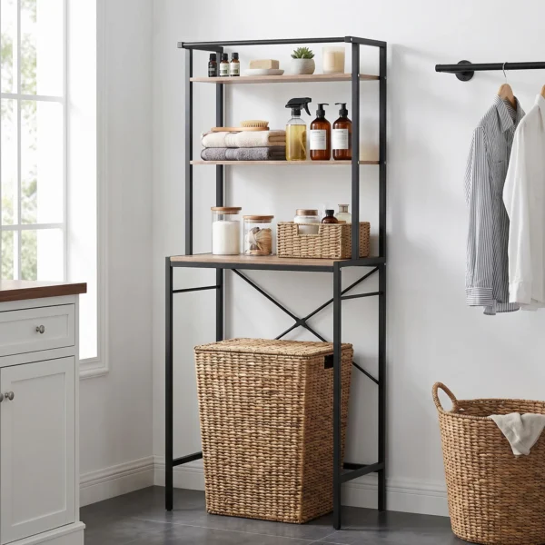 Wasmachinerek Badkamerrek Met Droogstang, 3 Niveaus Voor Badkamer, Wasruimte, 67 X 40 X 161,8 Cm, Bruin