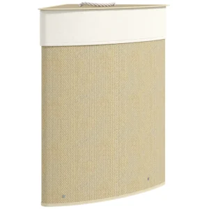 Wasmand In Hoekontwerp, Bamboe Vlechtwerk, 55 Liter, Stoffen Zak, Metalen Frame, Crème