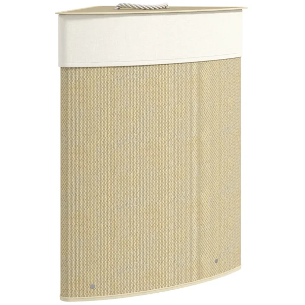 Wasmand In Hoekontwerp, Bamboe Vlechtwerk, 55 Liter, Stoffen Zak, Metalen Frame, Crème
