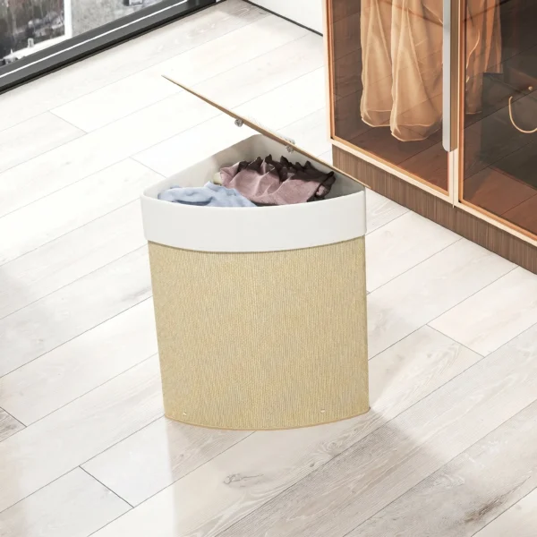 Wasmand In Hoekontwerp, Bamboe Vlechtwerk, 55 Liter, Stoffen Zak, Metalen Frame, Crème