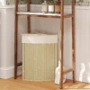 Wasmand In Hoekontwerp, Bamboe Vlechtwerk, 55 Liter, Stoffen Zak, Metalen Frame, Crème