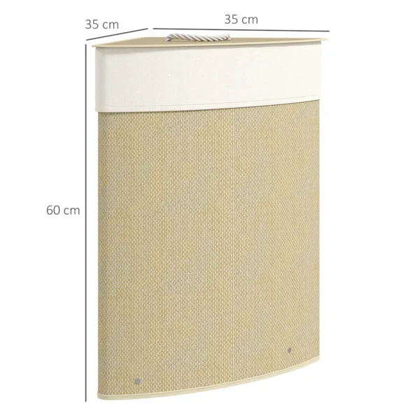 Wasmand In Hoekontwerp, Bamboe Vlechtwerk, 55 Liter, Stoffen Zak, Metalen Frame, Crème