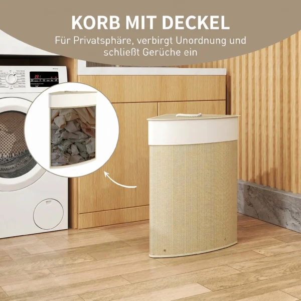 Wasmand In Hoekontwerp, Bamboe Vlechtwerk, 55 Liter, Stoffen Zak, Metalen Frame, Crème