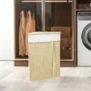 Wasmand In Hoekontwerp, Bamboe Vlechtwerk, 55 Liter, Stoffen Zak, Metalen Frame, Crème