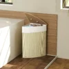 Wasmand In Hoekontwerp, Bamboe Vlechtwerk, 55 Liter, Stoffen Zak, Metalen Frame, Crème