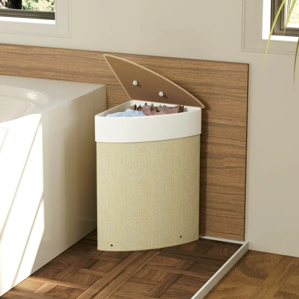 Wasmand In Hoekontwerp, Bamboe Vlechtwerk, 55 Liter, Stoffen Zak, Metalen Frame, Crème