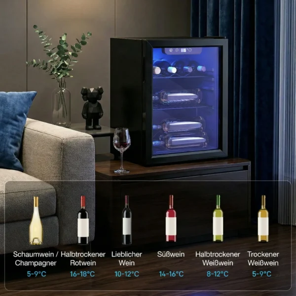 Wijnkoeler Voor 16 Flessen, 48 L Capaciteit, 4 16°C, Inbouw Koelkast Voor Dranken En Bier, Met Glazen Deur, LED licht