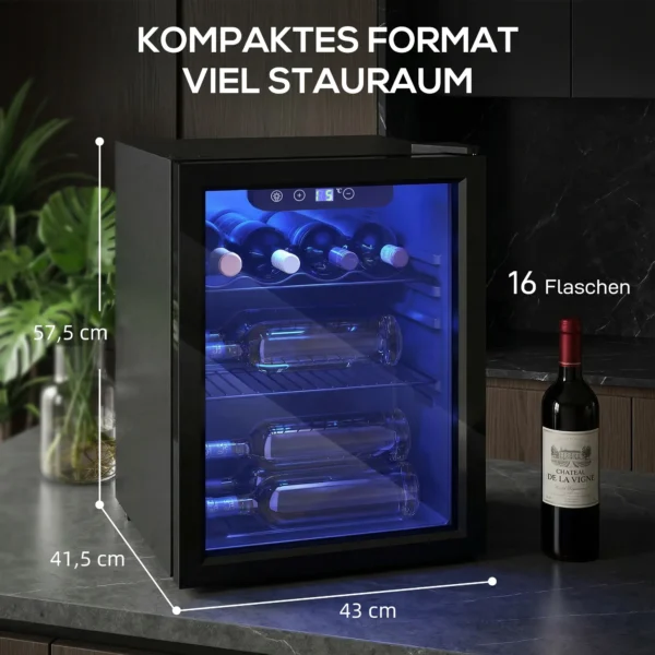 Wijnkoeler Voor 16 Flessen, 48 L Capaciteit, 4 16°C, Inbouw Koelkast Voor Dranken En Bier, Met Glazen Deur, LED licht