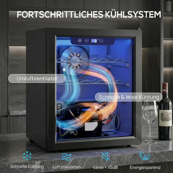 Wijnkoeler Voor 16 Flessen, 48 L Capaciteit, 4 16°C, Inbouw Koelkast Voor Dranken En Bier, Met Glazen Deur, LED licht