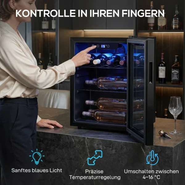 Wijnkoeler Voor 16 Flessen, 48 L Capaciteit, 4 16°C, Inbouw Koelkast Voor Dranken En Bier, Met Glazen Deur, LED licht