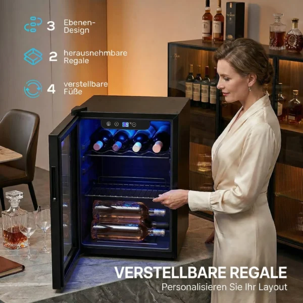 Wijnkoeler Voor 16 Flessen, 48 L Capaciteit, 4 16°C, Inbouw Koelkast Voor Dranken En Bier, Met Glazen Deur, LED licht