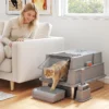 XXL Kattenbak Van Roestvrij Staal 130L Met 180° Klapdeksel Hoge Zijwanden Schep Opstapje 70x50x43cm Grijs