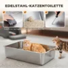XXL Kattenbak Van Roestvrij Staal 130L Met 180° Klapdeksel Hoge Zijwanden Schep Opstapje 70x50x43cm Grijs