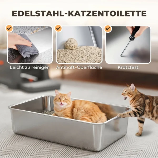 XXL Kattenbak Van Roestvrij Staal 130L Met 180° Klapdeksel Hoge Zijwanden Schep Opstapje 70x50x43cm Grijs
