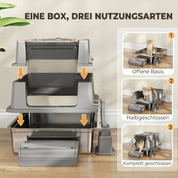 XXL Kattenbak Van Roestvrij Staal 130L Met 180° Klapdeksel Hoge Zijwanden Schep Opstapje 70x50x43cm Grijs