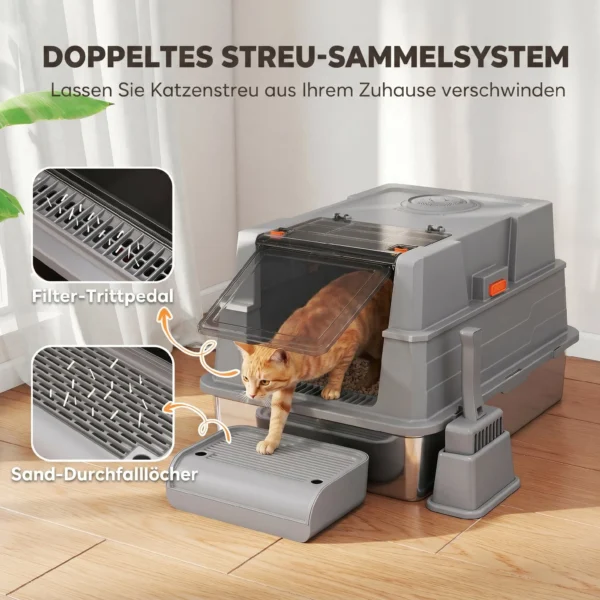 XXL Kattenbak Van Roestvrij Staal 130L Met 180° Klapdeksel Hoge Zijwanden Schep Opstapje 70x50x43cm Grijs