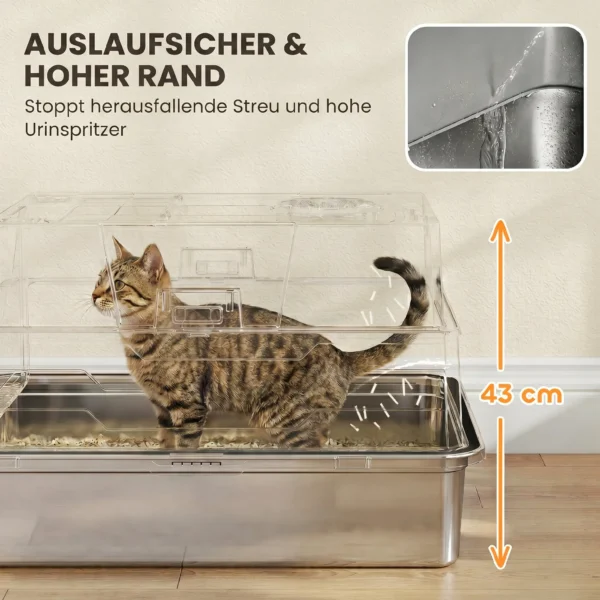 XXL Kattenbak Van Roestvrij Staal 130L Met 180° Klapdeksel Hoge Zijwanden Schep Opstapje 70x50x43cm Grijs