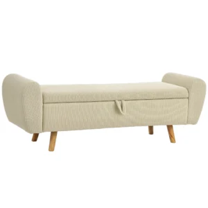 Zitbank Met Opbergruimte, Gestoffeerde Bank Met Corduroy look, Houten Poten En Gerolde Armleuningen, Beige